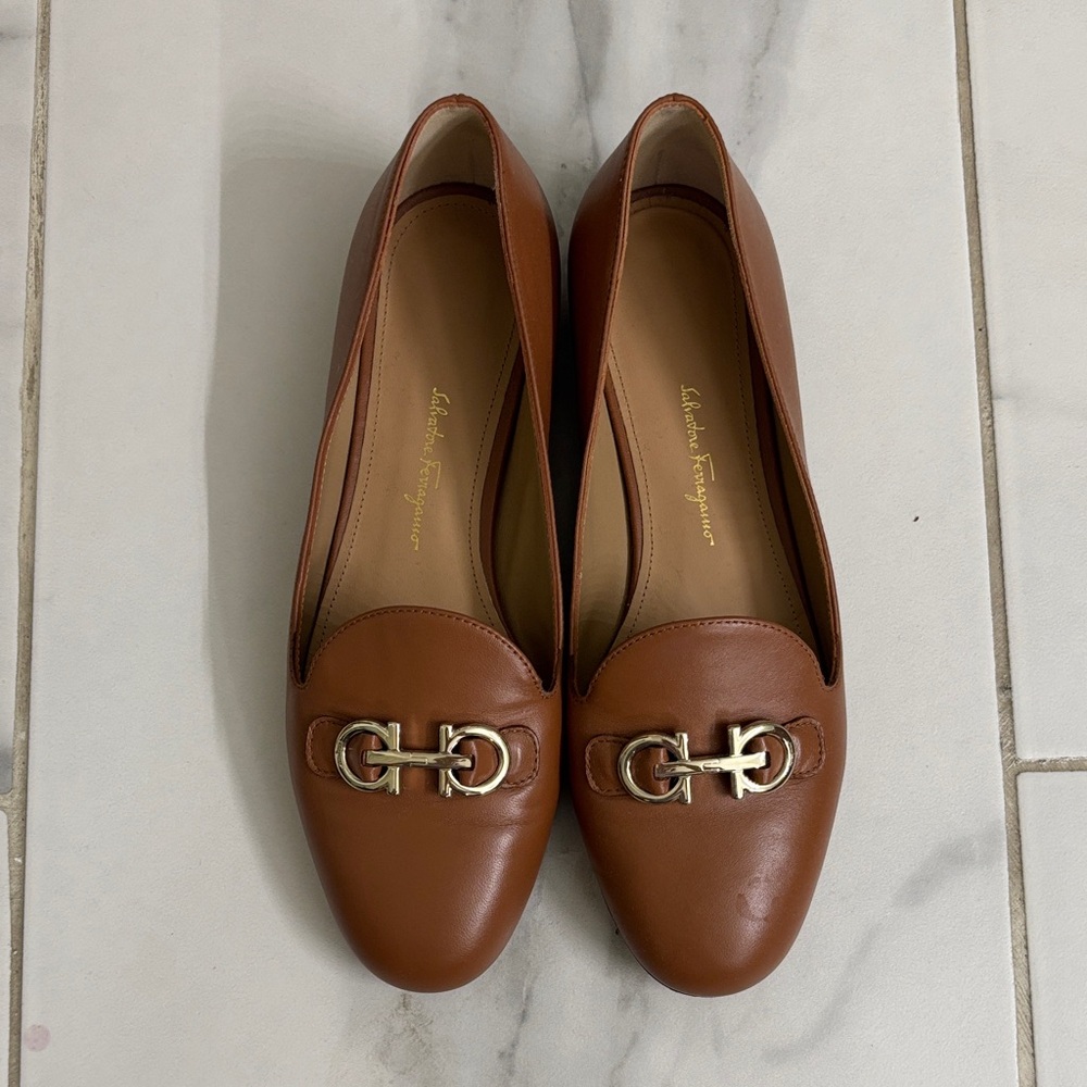 Salvatore Ferragamo Tan/Brown Leather Loafers with Gold Hardware